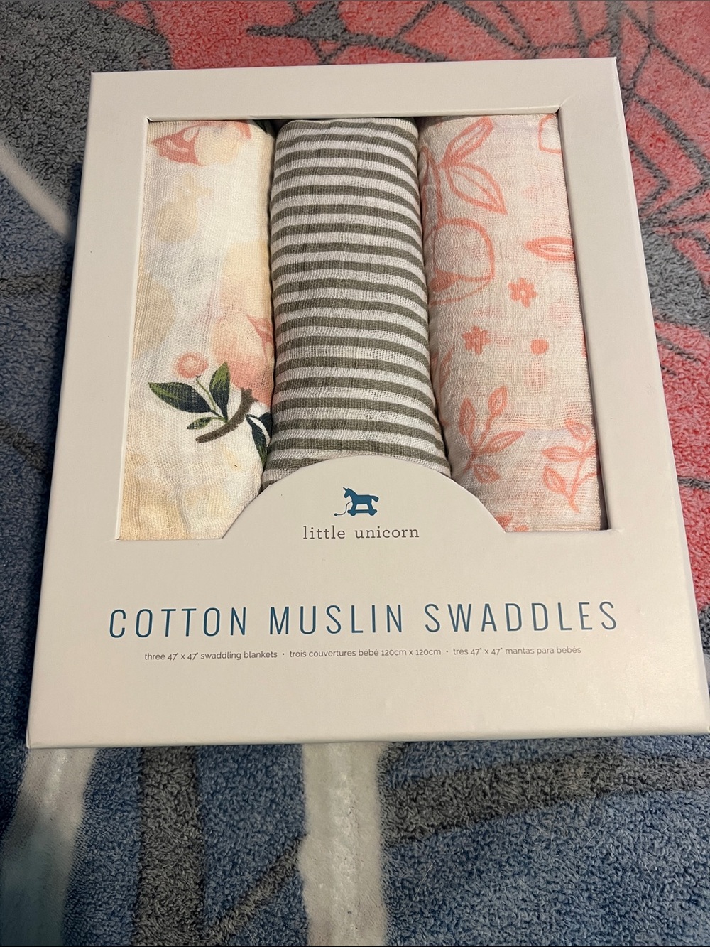 Little Unicorn Cotton Muslin Swaddles - Peach Floral & Gray Stripe